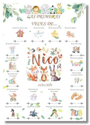 LuaDreams Póster primeras veces bebé, Cuadro Nacimiento Bebe Personalizado, Laminas Infantiles, Laminas para Cuadros Infantiles Personalizados, Regalos Bebe Personalizados, Tamaño 30x42cm (Animales)