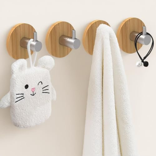 marrhorvk Klebehaken Holz 4 Stück, Handtuchhalter Ohne Bohren Dekorative Klebehaken Selbstklebend Wandhaken für Badezimmer Küche (Holz,Silbrig Haken)