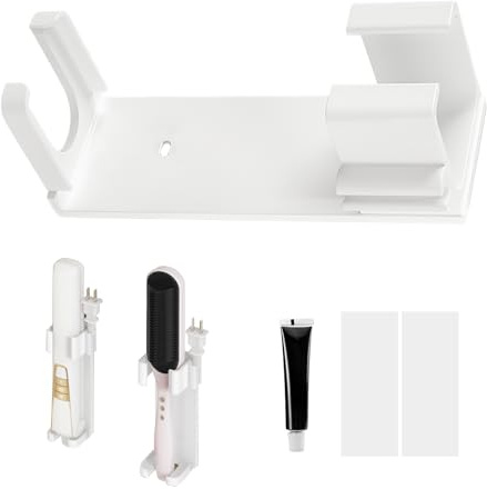 Hugfads Wandhalterung Lockenstab Wand Halterung Glätteisenhalter, Aluminiumn Ständer, Selbstklebend mit Steckerhalter für Haarstyler Haarglätter Glätteisen im Badezimmer, Schwarz (weiß)