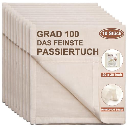 eFond Passiertuch, 10 Stück 50x50cm Käsetuch Feingewebt Dichtegrad 100 Cheesecloth Ungebleichte Reine Baumwolle mulltuch mit Sauber Umgeschlagene Saum, Seihtuch Waschbar und Wiederverwendbar