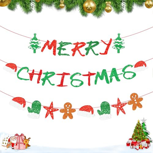 Wimpelkette Frohe Weihnachten Weihnachtsschilder Buchstabengirlande Hängedekoration Wimpelkette rot-grünes Frohe Weihnachten GlitzerpapierBanner als Fotohintergrund Partyzubehör