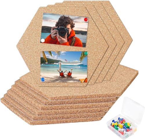 10 Stück Pinnwand Kork, Sechseckige Korkplatte, DIY Selbstklebende Korkwand mit 50 Stück Pushpins, Korktafel Dekoration für Foto Hängen, Notizen, Tafeln Heimdekoration und Büro Memoranduma