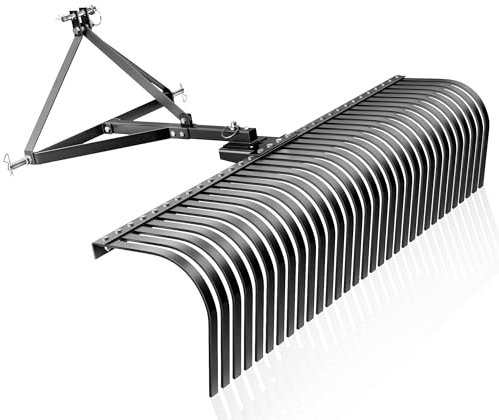 Wiltec Rastrello per trattore compatto 60 152X48X81 cm, 32 denti, Attrezzo raccogli sassi fieno