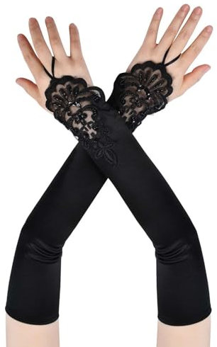 Cleminsta Guantes Largos Negros, Elegantes Guantes Sin Dedos Guantes de Ópera para Mujer Satén Clásico Estilo Años 20 Guantes de Fiesta para Mujeres Niñas Disfraces de Carnaval de Halloween