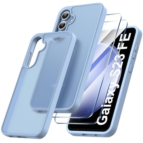 Qasyfanc Matt Handyhülle Kompatibel mit Samsung Galaxy S23 FE, Hülle mit Kameraschutz und 2 Stück Schutzfolie, Hard PC Nie Vergilbung Case Militärschutz Kratzfest Schutzhülle, Hellblau