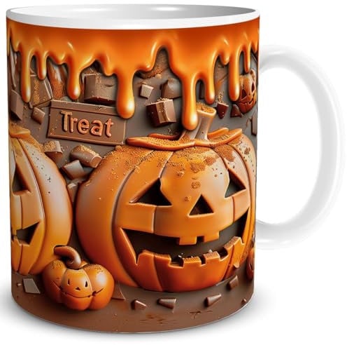 TRIOSK 3d Illusion Tasse Halloween Kürbis Schokolade lustig mit Spruch Trick or Treat Party Deko Geschenk für Frauen Männer Halloweenfans, Keramik 300ml