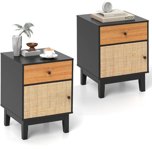 CASART Bedside Table Set of 1/2, Wooden Nightstand Sofa Side Table with Storage Drawer & Cabinet, Rattan Square Bedside Cabinet End Table for Living Room Bedroom (2, Black + Brown)