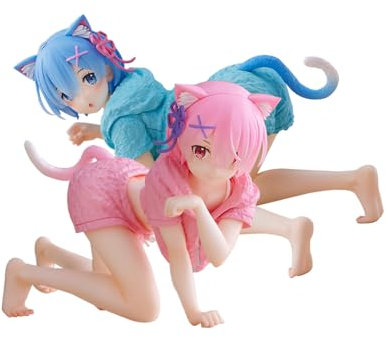 Ciyoulio Anime Cat Girl Figur Kniend Ram Und Rem Statue Anime Mädchen Figuren Cute Auto Ornament Figur Anime Skulptur Tischdeko Geschenk, 13 cm