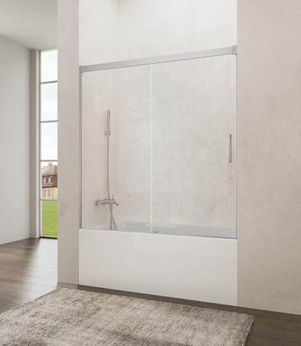 Paroi de douche avant | Verre de sécurité 6 mm | Paroi de douche pliable sans perçage | Profilé en aluminium en 2 finitions | Paroi de baignoire coulissante (transparent chromé, 155 - 160 cm)