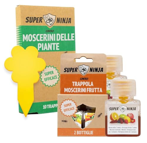 Trampas para Moscas de la Fruta y de Interior – Super Ninja, Pack de 2 Trampas con Cebo Líquido + 10 Atrapa Insectos para Plantas, Sin Tóxicos, Seguras para Niños y Mascotas, Protección hasta 3 Meses