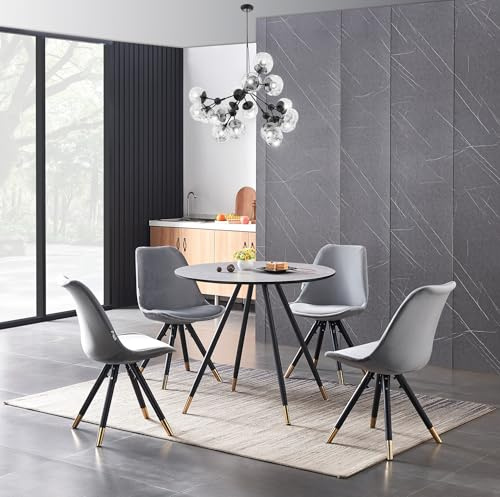 P&N Homewares Sofia Dorchester LUX Round Dining Table Set – Marble Effect Top, 4 Velvet Chairs – Scandinavian Style, Black Metal Legs with Gold Tips – Kitchen Dining Room Furniture