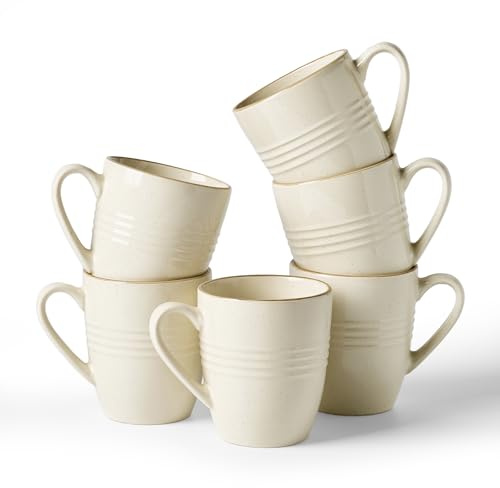 Richmount Jupiter Coffee Mugs Set of 6, 14oz/400ml Stoneware Tea Cups with Large Handle for Latte/Cappuccino/Milk/Cocoa/Tea, Microwave & Dishwasher Safe, Cream White