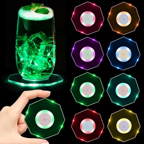 8 Stück LED Untersetzer für Gläser, 7‑Lichtmodi Wasserdicht für Party Bar | Bunt Leuchtende Untersetzer für Gläser & Cocktailgläser, Glasuntersetzer Bar Zubehör für Partys Hochzeiten Bar Weihnachten