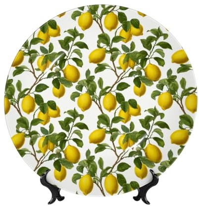 Bone China Decorative Plates With Stand,Lemon Tree Round Display Plate For Kitchen Dining Room Wine Cabinet Home Decor 20cm