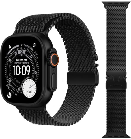 Titan Milanaise Loop Armband Kompatibel mit Apple Watch Ultra 3/2/1 49mm 46mm 45mm 44mm Herren Damen, Einstellbar Metall Armbänder für iWatch Serie 11 10 SE 9 8 7 6 5 4, Schließe im Fallschirm-Stil