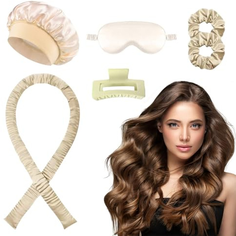 EUZUXU 6 Piezas Rizador de Pelo Sin Calor, Rizos sin Calor Durante la Noche con Gorro para Dormir, Set de Peinado DIY con Banda Rizadora, para Cabello Largo y Mediano - Beige