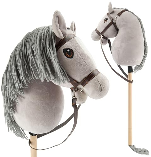Bieco Hobby Horse Steckenpferd Grauer - Größe M, mit Trense | Abnehmbarer Stock & Schweif, für Springreiten, Dressur & Spielen | Hobby Horse Pferde