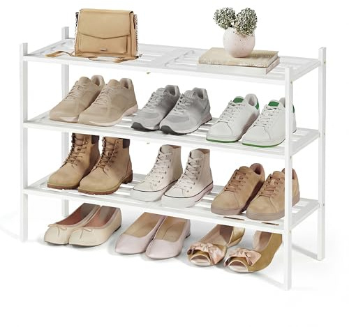 SONGMICS Schuhregal aus Bambus, 3 Ebenen, für 12-16 Paar Schuhe, stapelbar | Schuhablage, 70 x 25 x 51,5 cm, platzsparend, weiß, BAMBOU Kollektion LBS053WZ01