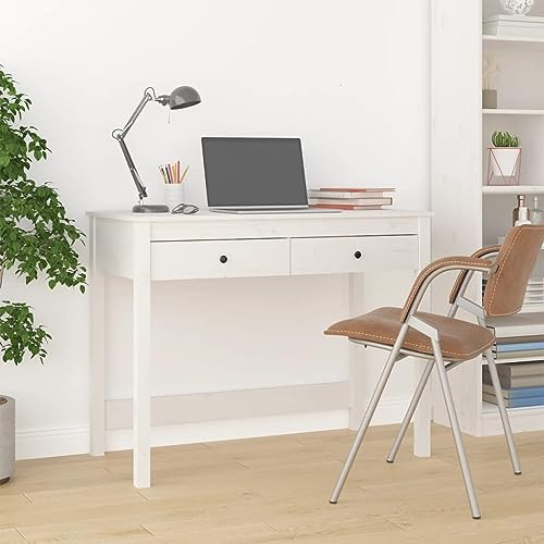 Qnhdfrt White Computer Desk with Drawers 100x50x78 cm Solid Pine Wood Home Office Study Table for Bedroom, Dorm & Gaming Setup