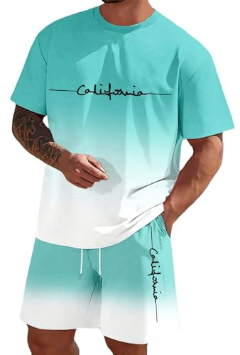 WVONIF Survêtement Décontracté Homme Été 2 Pièces, T-Shirt Imprimé Lettrage et Short à Cordon, Ensemble Jogging pour Hommes, Tenue Respirante Confortable pour Loisirs et Plage