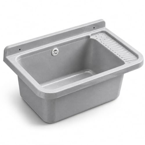 Schläfer 9610102 - Pilozzo a Parete in Resina colore Granito Grigio 50x35x24 cm con sifone di Scarico e Piletta, Lavatoio Lavapanni per Interno ed Esterno, Lavello Resistente agli acidi di uso comune
