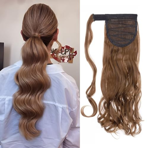 Silk-co Ponytail Velcro Extension Coleta Postiza con Pinza Pelo Sintético Se Ve Natural Extensiones de Cabello Clip Cola Rizada Ondulada #Marrón Claro (43cm,90g)