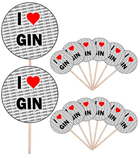 AK Giftshop I Love Gin - Party Food - Cake Cupcakes - Picks Sticks - Food Flags - Stand Up Decorations Toppers (14 Pack)