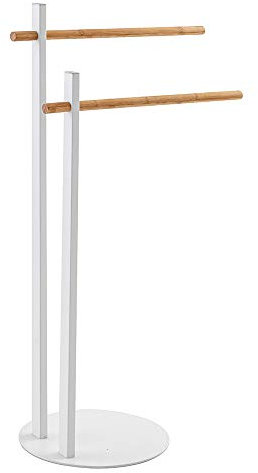 Piantana Asciugamani Bagno Bianca, 22x31xh.81 cm, Base Tonda con Bracci in Legno di Bamboo