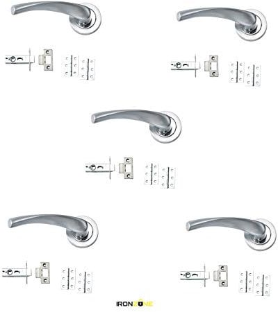 IRONZONE® 5 Sets Elvas Satin and Polished Chrome Interior Door Handles on Rose Dual Finish Door Lever Latch Pack, Suitable for 35-44 mm Doors, for Home or Commercial Properties