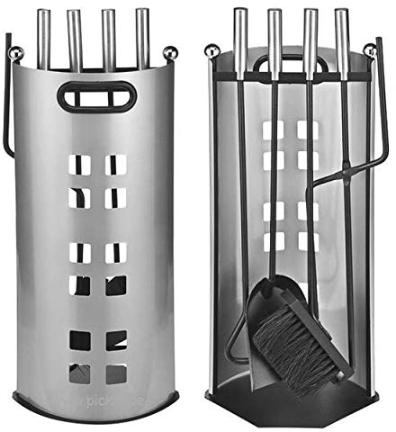 Ora-Tec Kaminzubehör 5-teiliges Kaminbesteck Set - Hochwertige Kamingarnitur aus 5 Teilen: Besen, Schaufel, Schürhaken, Zange, Ständer mit Sichtschutz (Silber, Kästchen)