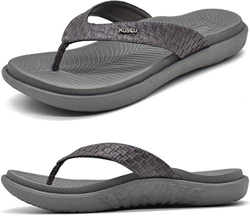 KuaiLu Womens Flip Flops Ladies Yoga Mat Comfortable Walking Thong Sandals with Plantar Fasciitis Arch Support Slip On Indoor Outdoor for Summer, Grey Size 8