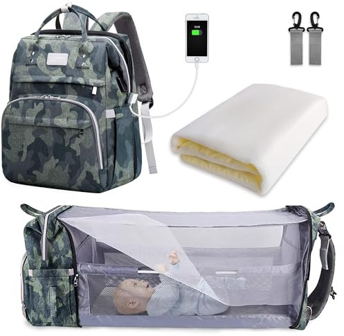 SNDMOR Wickeltasche Rucksack, wickelrucksack mit bettfunktion Großer, Multifunktionale Diaper Bag Mit Wickelunterlage, Kinderwagen-Haken, Geeignet für Mama und Papa (Grünes Tarnmuster)