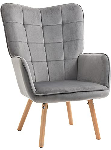 HOMCOM Modern Accent Chair, Upholstered Tufted Wingback Armchair with Seat Padding, Velvet Leisure Lounge Bedroom Chair with Wood Legs, Grey