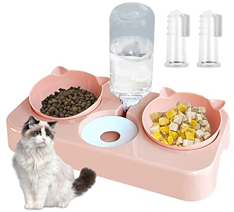 3-in-1 Cat Bowl Set with Automatic Water Dispenser, Double Food and Water Feeding Bowls for Cats, Kittens and Small Dogs (Pink)