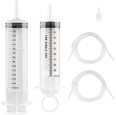 100 ml/150 ml Spritze mit 2 Stück 100 cm Tube, große Messspritze aus Kunststoff für Flüssigkeits-Öl-Saug, Nährstoffmessung, Nachfüllen, Gießen, 2 Stück