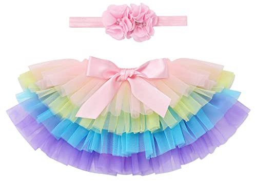 IMEKIS Baby Mädchen Tutu Kleid Kleinkind Prinzessin Regenbogen Geschichtete Tüllrock Pumphose Windel Überzug mit Blumenstirnband 2 Stück Geburtstagsparty Outfit für Fotografie Requisiten 6-12 Monate