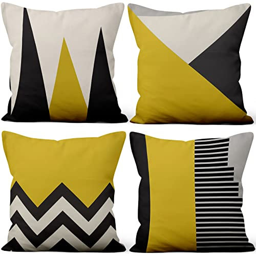 Aoihrraan 40x40cm 4er Set Dekorativ Kissenbezug Schwarz Gelb Weiß Modern Geometrisch Pattern Weicher Plüsch Quadratischer Kissenbezug Bauernhaus Wohnzimmer Draussen Patio Stuhl Garten Sofá