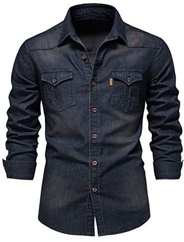 HOTIAN Herren Hemden, Herren Denim Shirt Langarmhemd,Freizeithemd Regular Businesshemd,Slim-Fit-Herrenhemden Navy XL