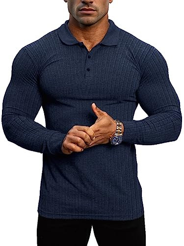 Lehmanlin Men's Stretch Muscle Shirts Long Sleeve Cotton T-Shirts Slim Fit Polo Shirt (Blue-XL)