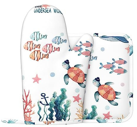 Ocean Animals - Set di guanti da forno e presine, in silicone resistente al calore, antiscivolo, con anello per appendere