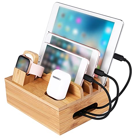 Estación de Carga Madera, Estación de Carga para Dispositivos Múltiples y Soporte de Organizador de Cables, Base de Acoplamiento para Teléfono, Tableta, Auriculare, Reloj Inteligente