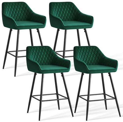 JYMTOM Lot 4 Tabourets de Bar Verts, Chaises de Salon, Chaises de Bar, Siège en Velours avec Dossier, Accoudoir et Repose-Pieds Métallique pour Bistrots,Bar,Bureau (4, Vert)