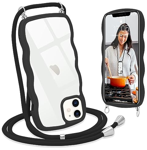 L-FADNUT Handykette für iPhone 11 Hülle mit Band, Silikon Wellen Rahmenform Handyhülle mit Kordel zum Umhängen, Transparent Schutzhülle Case für iPhone 11, Schwarz