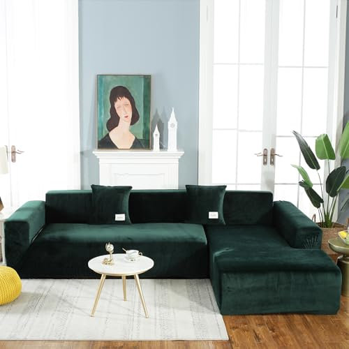 Silber Fuchs Samt-Sofabezug L Form Eckcouch Schonbezug 1 2 3 4 Sitzer Sofa Überwürfe Stretch Plüsch Rutschfester Sofaschutz Sofahusse Möbel Dekoration Couchbezug mit 1 Kissenbezug(150-200cm,Green)