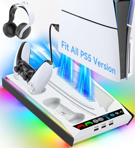 PS5/ Pro/Slim Stand for Disc & Digital Console, PS5 Cooling & Charging Station with 3-Level Auto Fan, PS5 Controller Charger for PS5 & Edge Controller, PS5 Pro Accessories with 3 Charging Ports