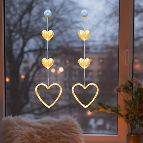 Valentinstag Deko Herz Fensterbeleuchtung, 2 Stück LED Herz Lichterkette mit Saugnäpfe, Aufhängbar Fensterbeleuchtung Batteriebetrieben für Valentinstag Deko, Fensterdeko, Heiratsantrag Deko (B)