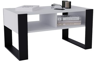 CraftPAK Wohnzimmer Tisch für Couch aus hochwertigem Holzwerkstoff, moderner Couchtisch mit zusätzlicher Ablagefläche, Sofatisch für Wohnzimmer, Couchtisch weiß schwarz