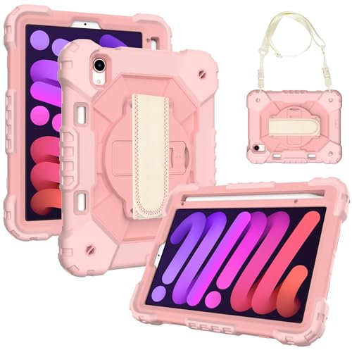 Protective Tablet PC Case Full Protective Shockproof Case Compatible with iPad Mini 6 2021 Case 8.3-inch, 2021 Case, 360 Degree Rotating Multi-Function Grip Bracket+Shoulder Strap (Color : Pink)
