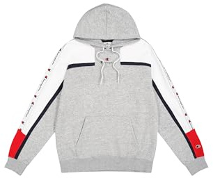 Champion Legacy Retro Sport (220331) - Soft Compact Polyfleece Sweatshirt mit Kapuze, Grau Melange/Weiß (NOXM/Wht/NNY), L Herren FW24, Grau Meliert/Weiß (Noxm/Wht/NNY), L