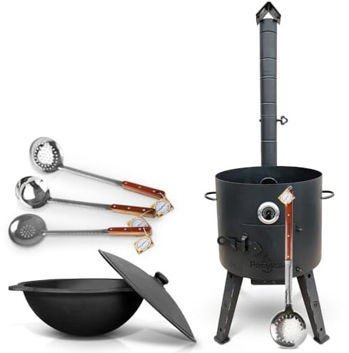 Utschak Feuerofen Ø 44 cm 2 mm Stahl mit Thermometer Usbekische Kazan 16 L runder Boden 2 Schaumlöffel 48 cm Schaumlöffel 64 cm Schöpfkelle 48 cm Kazan Учаг Uchag казан Gusseisen Oven учак (Set 5)